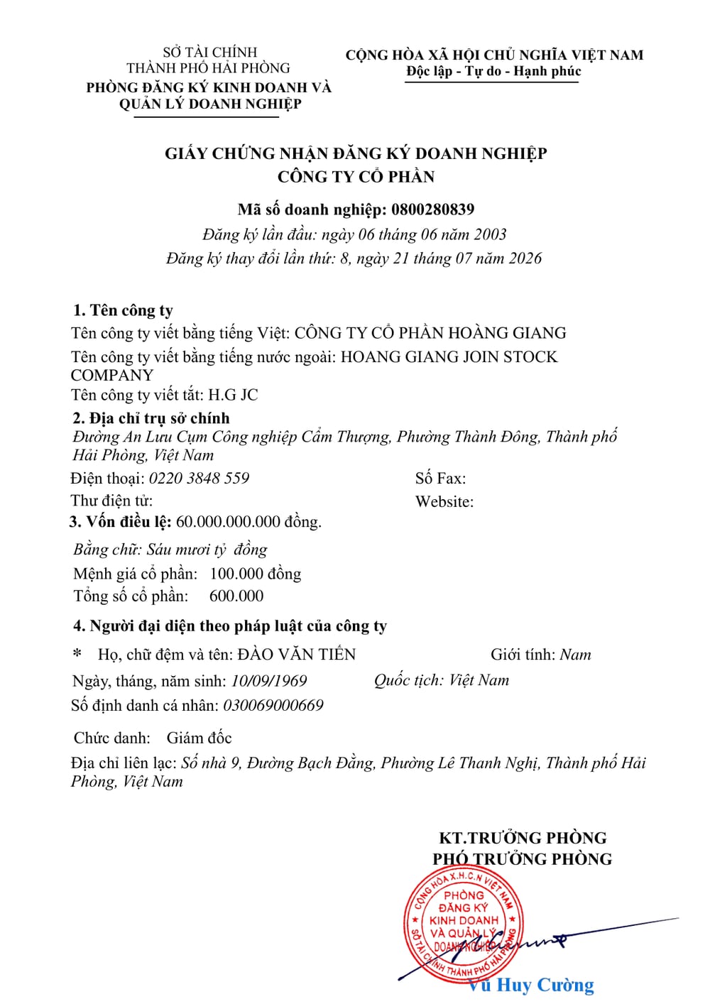 Giấy chứng nhận đăng ký doanh nghiệp — Công ty Cổ phần Hoàng Giang