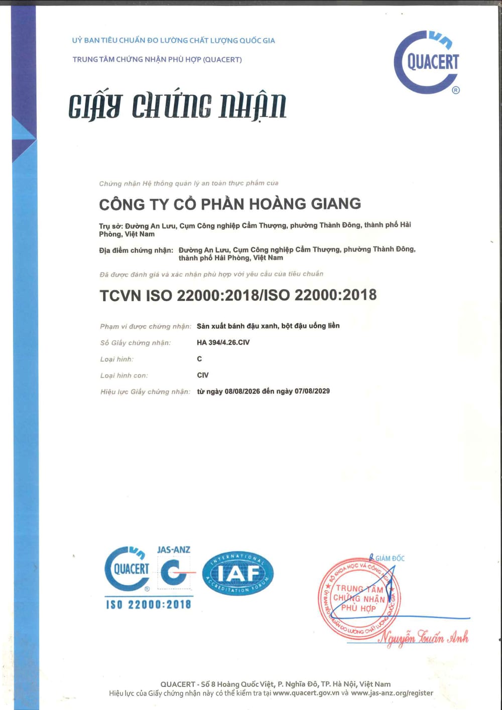Giấy chứng nhận ISO 22000:2018 của Công ty Cổ phần Hoàng Giang — QUACERT